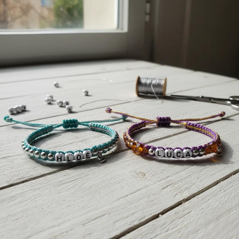 Deux bracelets d'amitié personnalisés posés côte à côte