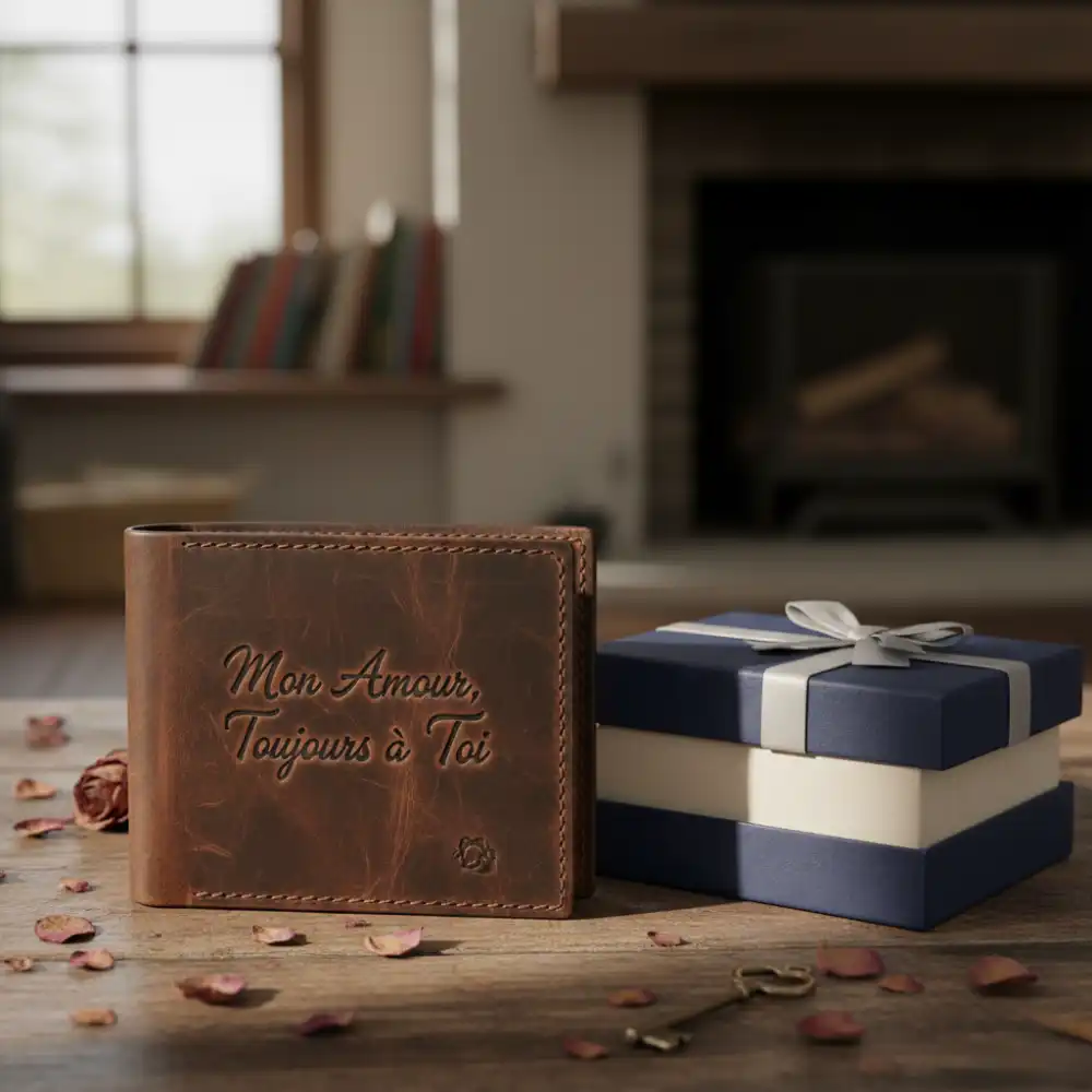 Portefeuille en cuir gravé aux initiales posé sur une table en bois