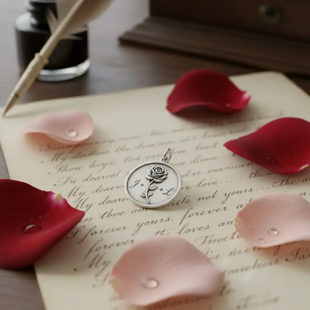 Bijou gravé posé sur une lettre d'amour manuscrite avec des pétales de rose